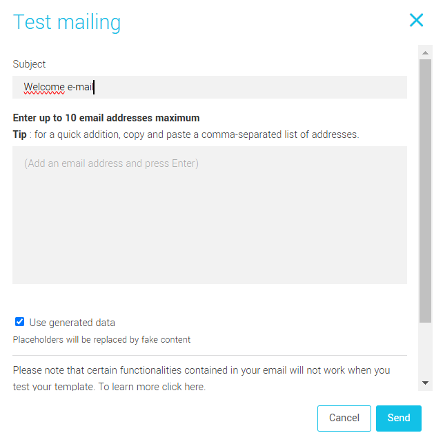 Specify a subject and the email addresses to which the email should be sent